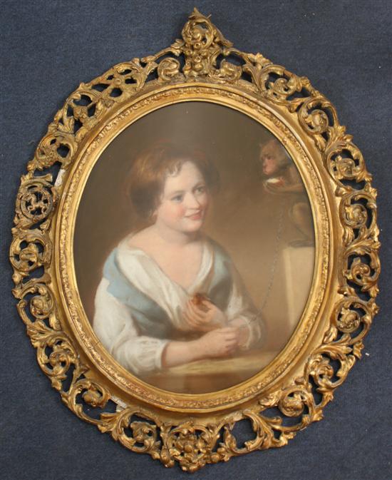 19th century English School Girl with a monkey and Girl with a bowl of milk, 17.5 x 14in.